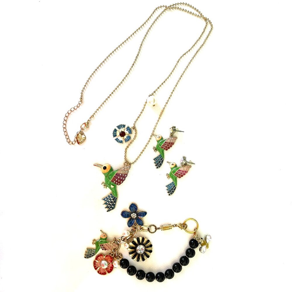 Betsey Johnson Colorful Parrot Necklace, Earring, and Bracelet Set